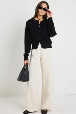Ivy + Jack Delight Black Cotton Fine Knit Crew Cardigan