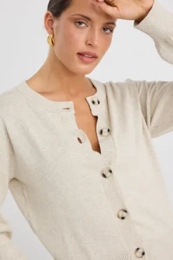 Ivy + Jack Delight Oat Marle Cotton Fine Knit Crew Cardigan