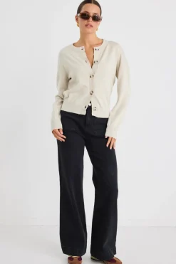 Ivy + Jack Delight Oat Marle Cotton Fine Knit Crew Cardigan
