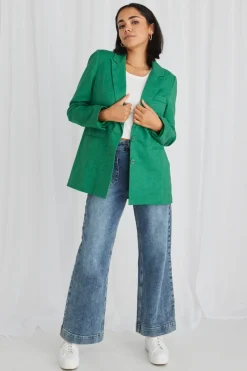 Stories be Told Demi Palm Green Linen Single Breasted Longline Blazer