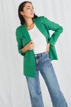 Stories be Told Demi Palm Green Linen Single Breasted Longline Blazer