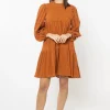 Seeking Lola Desire Cinnamon Shirred Cotton Ls Frill Hem Dress