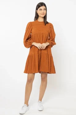 Seeking Lola Desire Cinnamon Shirred Cotton Ls Frill Hem Dress