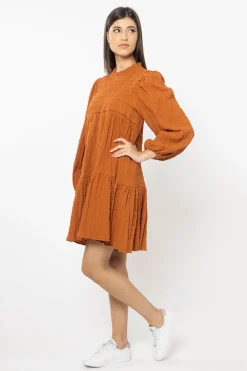 Seeking Lola Desire Cinnamon Shirred Cotton Ls Frill Hem Dress