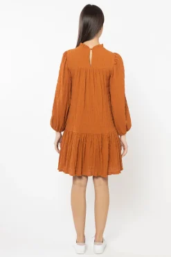 Seeking Lola Desire Cinnamon Shirred Cotton Ls Frill Hem Dress