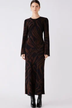 Esmaee District Chocolate Print LS Maxi Dress