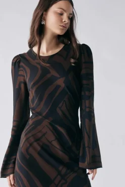 Esmaee District Chocolate Print LS Maxi Dress