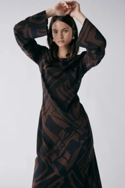 Esmaee District Chocolate Print LS Maxi Dress