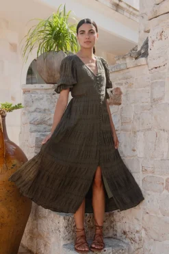 Ivy + Jack Dreamy Khaki Bubble SS Button Front Tiered Maxi Dress