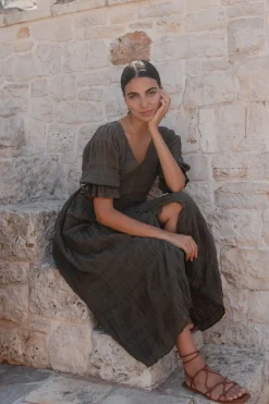 Ivy + Jack Dreamy Khaki Bubble SS Button Front Tiered Maxi Dress