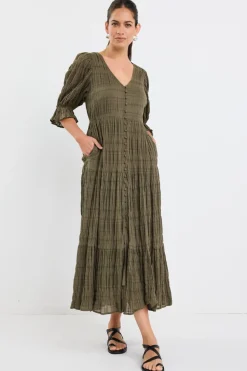 Ivy + Jack Dreamy Khaki Bubble SS Button Front Tiered Maxi Dress
