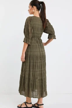 Ivy + Jack Dreamy Khaki Bubble SS Button Front Tiered Maxi Dress