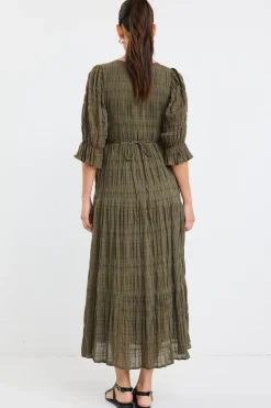 Ivy + Jack Dreamy Khaki Bubble SS Button Front Tiered Maxi Dress