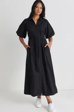 Among the Brave Dusk Black Puff Short Sleeve Collared Maxi Dress