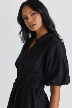 Among the Brave Dusk Black Puff Short Sleeve Collared Maxi Dress