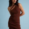 Huffer Dusk Brown One Shoulder Knit Midi Dress