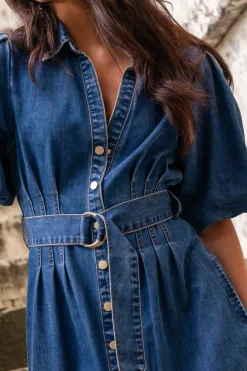 Among the Brave Dusk Storm Blue Denim Puff Sleeve Maxi Shirt Dress