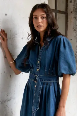 Among the Brave Dusk Storm Blue Denim Puff Sleeve Maxi Shirt Dress