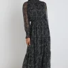 Ivy + Jack Ebony Black Grey Spot LS Shirred Neck Midi Dress