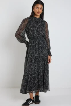 Ivy + Jack Ebony Black Grey Spot LS Shirred Neck Midi Dress