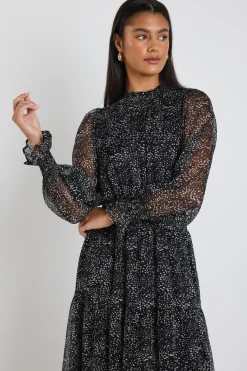 Ivy + Jack Ebony Black Grey Spot LS Shirred Neck Midi Dress