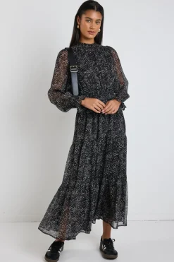 Ivy + Jack Ebony Black Grey Spot LS Shirred Neck Midi Dress