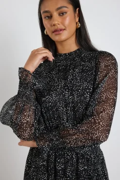 Ivy + Jack Ebony Black Grey Spot LS Shirred Neck Midi Dress