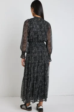 Ivy + Jack Ebony Black Grey Spot LS Shirred Neck Midi Dress