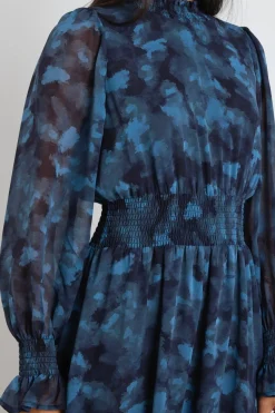 Ivy + Jack Ebony Blue Smudge LS Shirred Neck Midi Dress