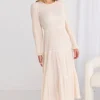 Ivy + Jack Effortless Ecru LS Shirred Tiered Midi Dress