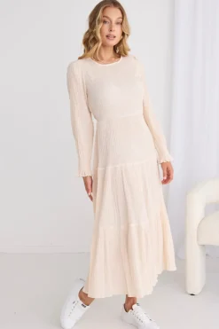 Ivy + Jack Effortless Ecru LS Shirred Tiered Midi Dress