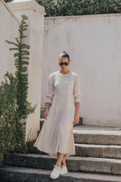 Ivy + Jack Effortless Ecru LS Shirred Tiered Midi Dress