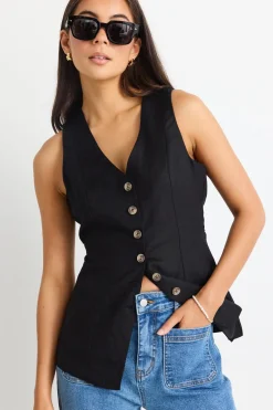 Among the Brave Eiffel Black Linen Viscose Fitted Longline Vest