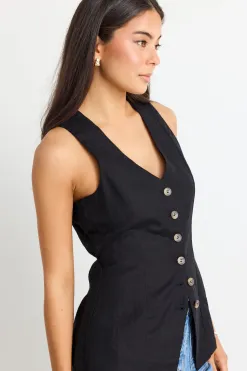 Among the Brave Eiffel Black Linen Viscose Fitted Longline Vest