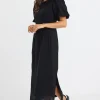 Stories be Told Elder Black Short Puff Sleeve Tie Midi Dress