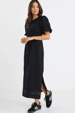 Stories be Told Elder Black Short Puff Sleeve Tie Midi Dress