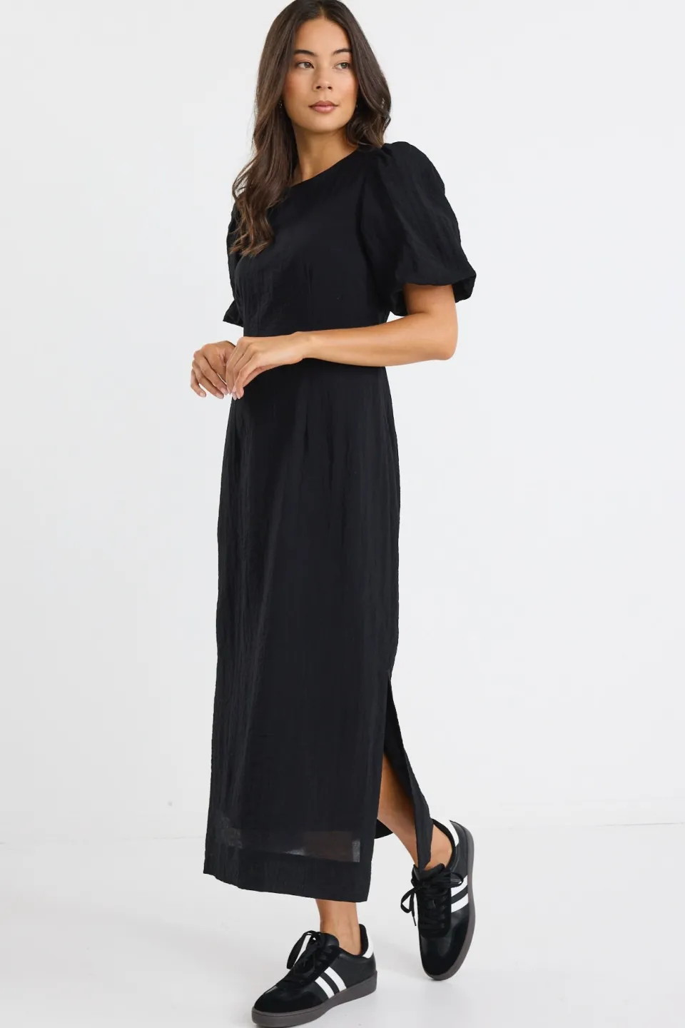 Stories be Told Elder Black Short Puff Sleeve Tie Midi Dress