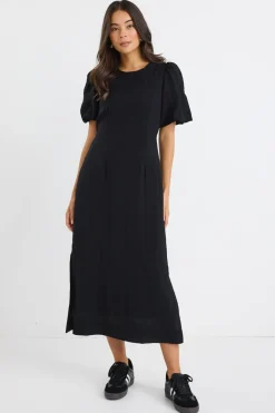 Stories be Told Elder Black Short Puff Sleeve Tie Midi Dress