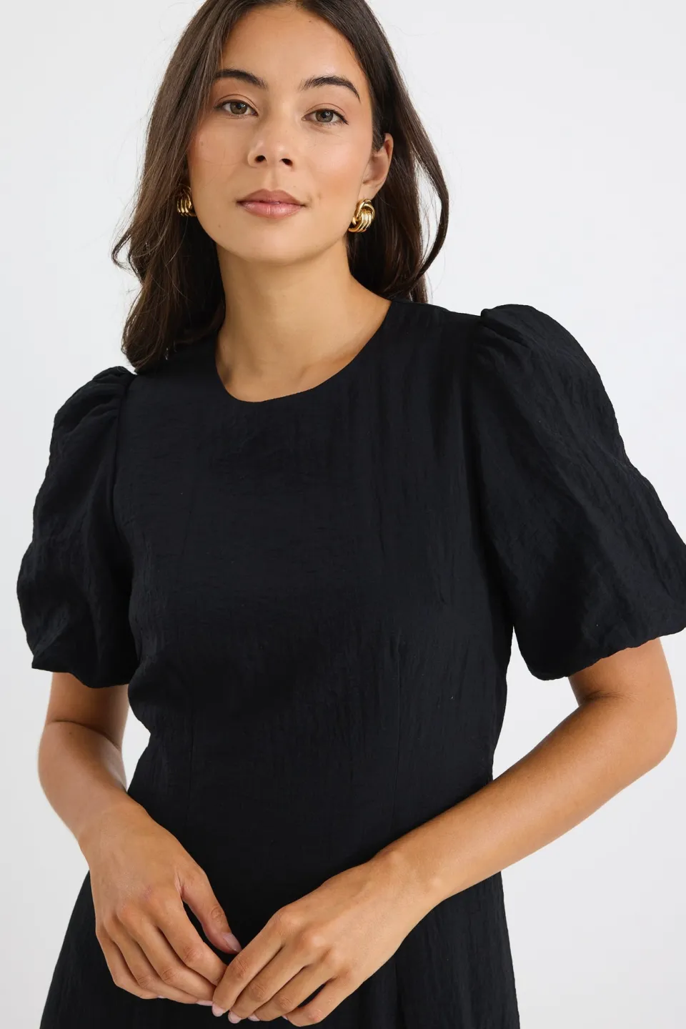 Stories be Told Elder Black Short Puff Sleeve Tie Midi Dress