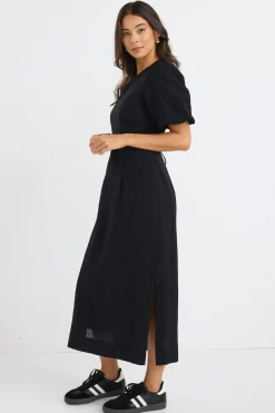 Stories be Told Elder Black Short Puff Sleeve Tie Midi Dress
