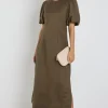 Stories be Told Elder Khaki Linen Blend Puff Sleeve Midi Dress