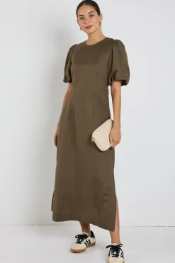Stories be Told Elder Khaki Linen Blend Puff Sleeve Midi Dress