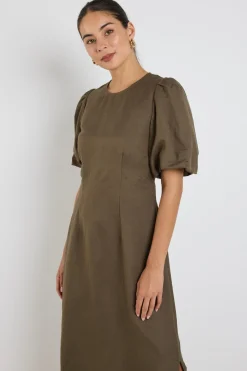 Stories be Told Elder Khaki Linen Blend Puff Sleeve Midi Dress