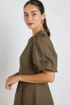 Stories be Told Elder Khaki Linen Blend Puff Sleeve Midi Dress