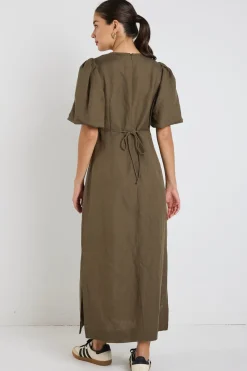 Stories be Told Elder Khaki Linen Blend Puff Sleeve Midi Dress