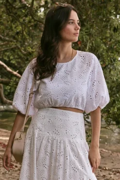 Ivy + Jack Embellish White Broidery Anglaise Cropped Puff Sleeve Top