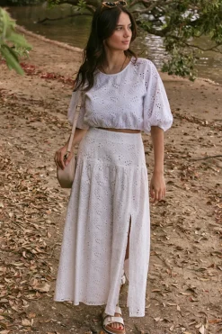 Ivy + Jack Embellish White Broidery Anglaise Cropped Puff Sleeve Top