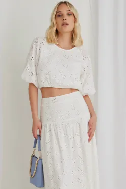 Ivy + Jack Embellish White Broidery Anglaise Cropped Puff Sleeve Top