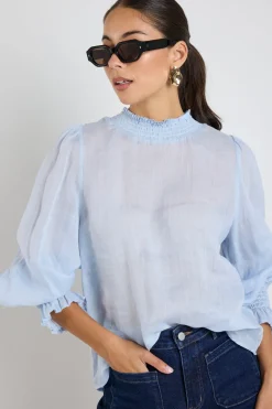 Among the Brave Embrace Ice Blue Ramie Shirred Neck LS Top