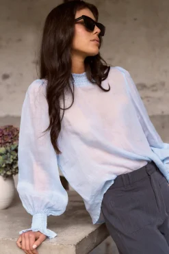 Among the Brave Embrace Ice Blue Ramie Shirred Neck LS Top